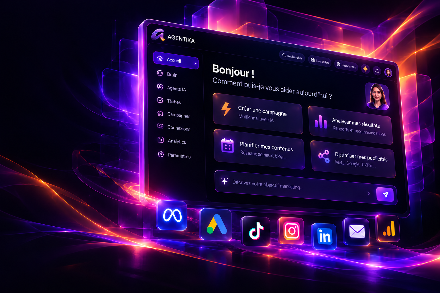 Aperçu du tableau de bord Agentika et de ses connexions marketing